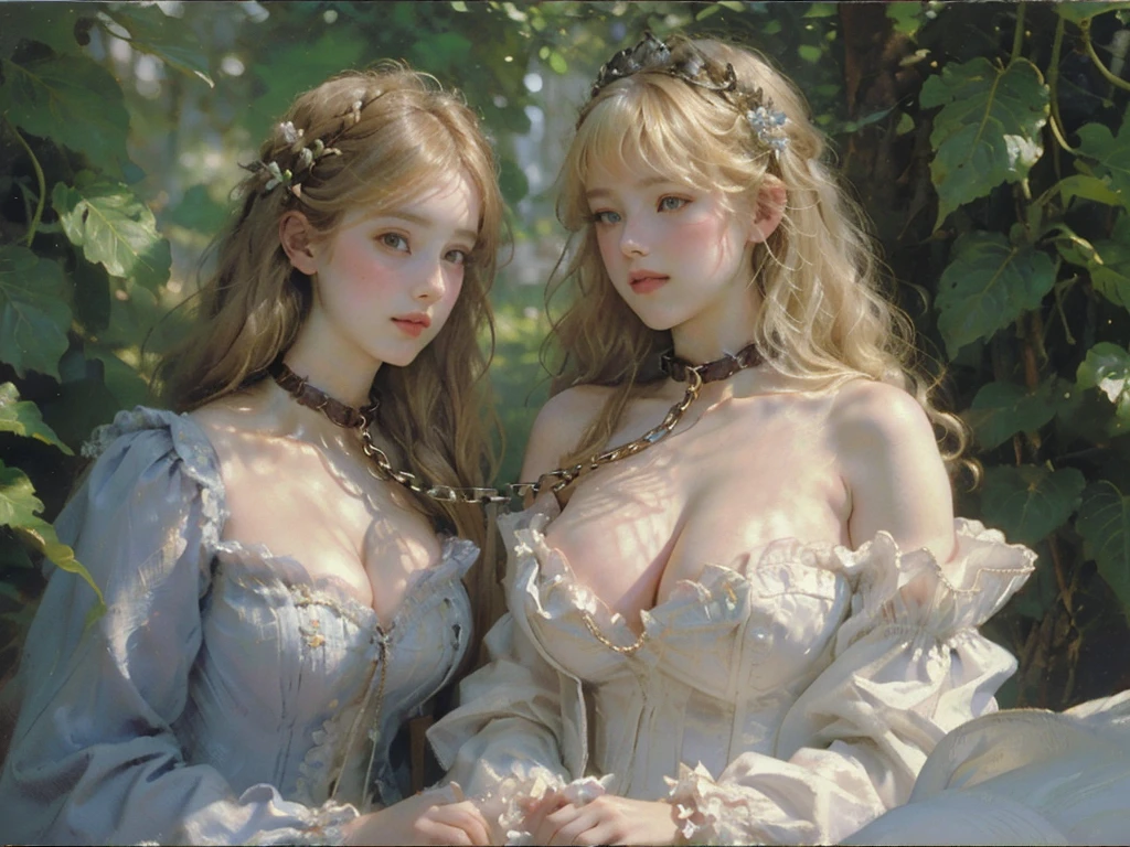 2girls,pov, women, seductive stare, ((((linked collar, collar linked together, collars linked, linked together)))), ((18 yo, detailed face, feminine skin)) , fit , (young) , beautiful , (((pale skin, wavy blonde hair))), dreamy, loving stare, bright magical fairytale fantasy atmosphere, sexy, flowers in hair, surrounded by flowers, happy, playful, ((big soft heavy breasts, busty cleavage, maid, huge tits)), in love, magical mist energy, hair flower, blush, pretty, elegant, cute, youthful, teen, teenager, choker, collar, ((huge hanging boobs)), (((Baroque court dress, fantasy, aesthetic of softness and gentleness and innocence and fertility)))