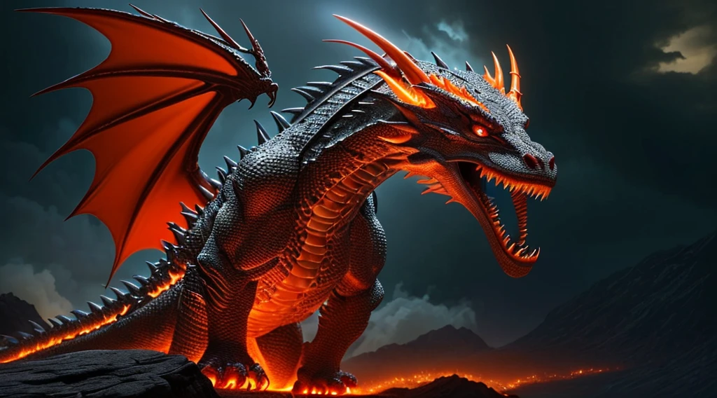 a majestic dragon, fire breathing, highly detailed, photorealistic, 8k, masterpiece, intricate scales, sharp teeth, glowing eyes, orange flames, dramatic lighting, fantasy landscape, moody atmosphere