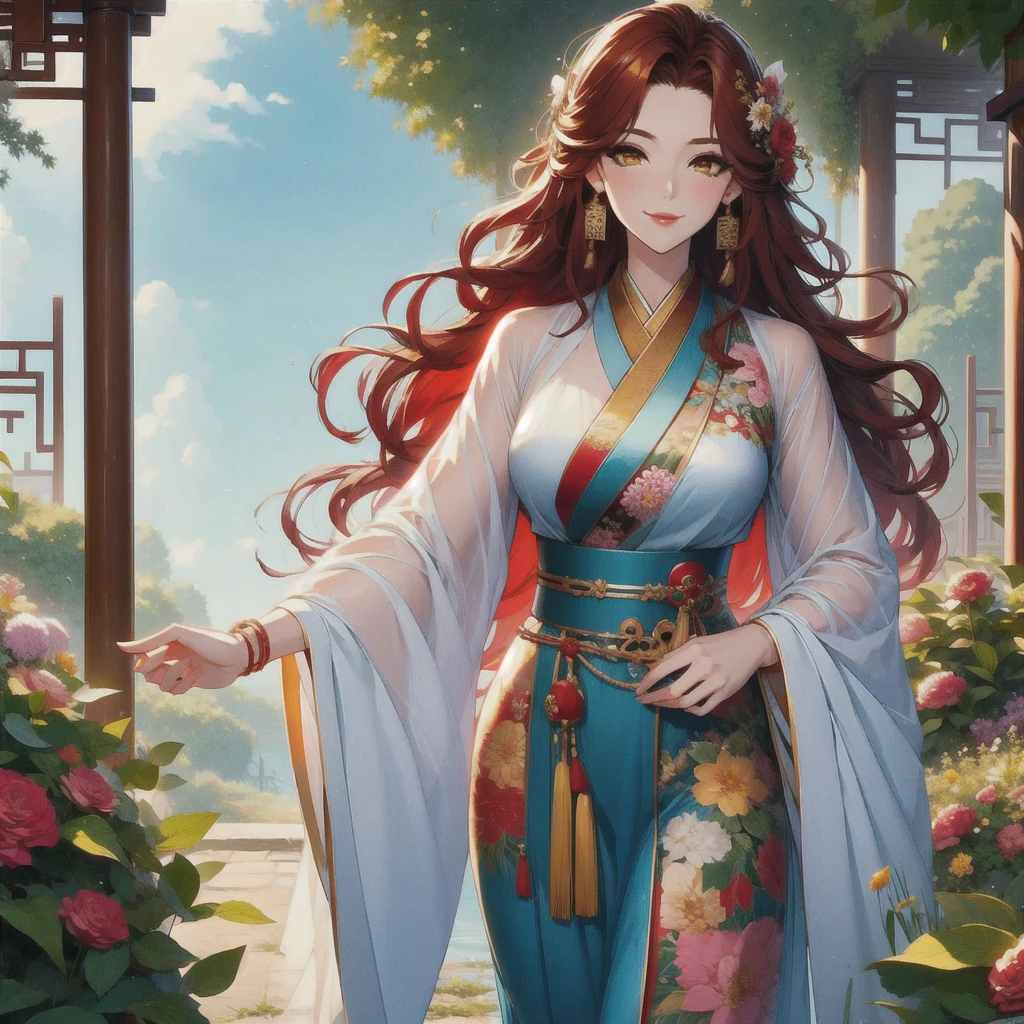 (masterpiece, best quality: 1,2), 1women, Xian mei, individual golden eyes, long red curly hair, jewelry, perfect anatomy, traditional Chinese hanfu, mangolia, sexy, hot, beautiful background, walking in the forest, picking flowers, holding a holding a flowery branch, forest,