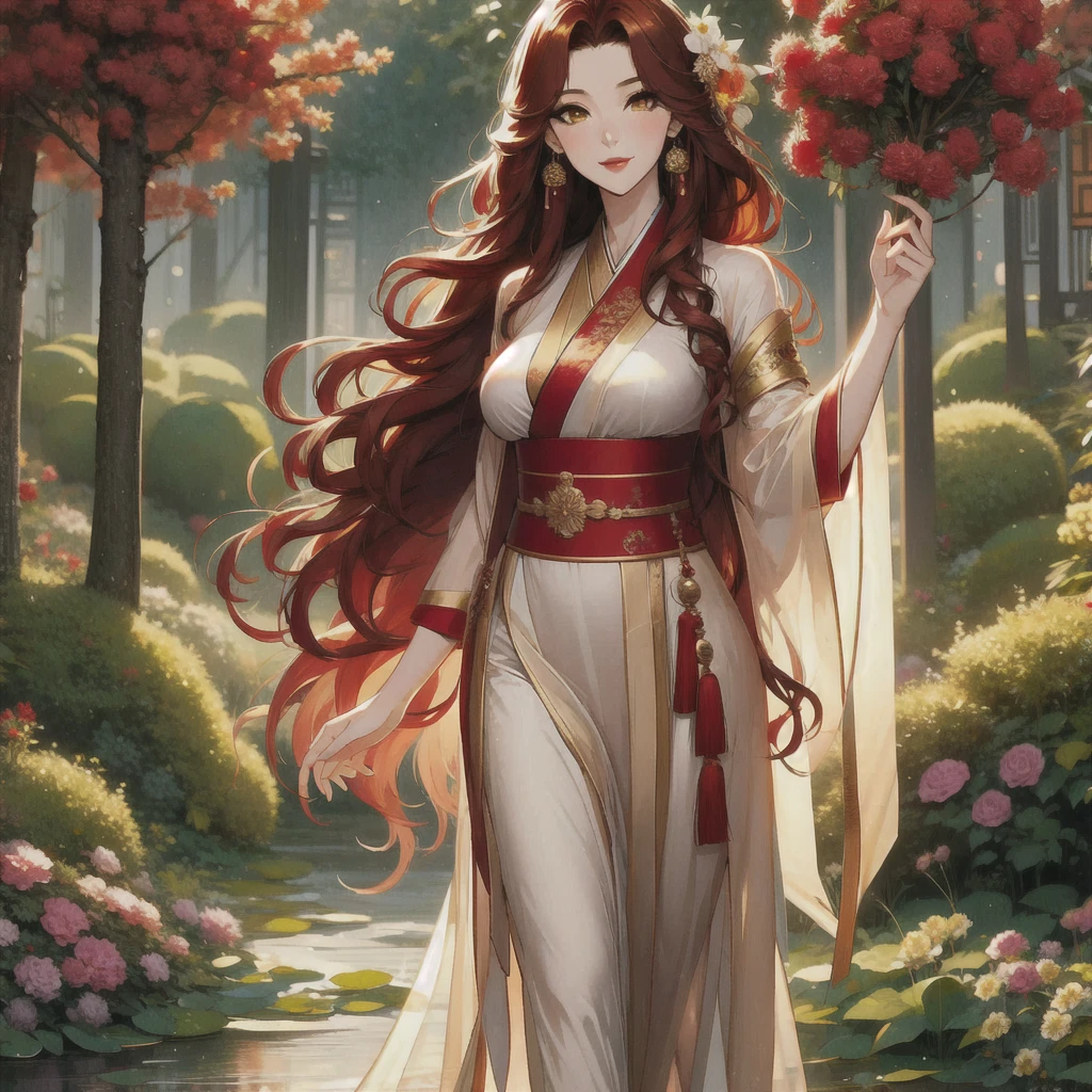 (masterpiece, best quality: 1,2), 1women, Xian mei, individual golden eyes, long red curly hair, jewelry, perfect anatomy, traditional Chinese hanfu, mangolia, sexy, hot, beautiful background, walking in the forest, picking flowers, holding a holding a flowery branch, forest,
