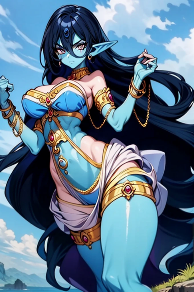 (Masterpiece, best quality, official art, 8K), ultra-detailed, a cartoon image of a Sky Blue Skinned female Djinn with blue hair and a chain around her neck, Human Hybrid Djinn, (((((Her sky blue skin))))), skin genie girl sky blue, alone, Krenz Cushart and Artgerm, aesthetics!!!!!!, female genius, she is huge, beautiful girl genius, a celestial appearance, eyes are large and expressive, ((deep blue eyes)), exotic eyes, long blue hair, wavy and flowing, wears an exotic outfit, She wears a top adorned with sparkling jewels, her skirt is long and flowing, made of lightweight silk, with layers that move gracefully with each step, the skirt is decorated with intricate embroidery in silver and gold, waist sash decorated with precious stones, artgerm style, Water Elemental Woman, Goddess Inanna, The Greek goddess Afrotita, aesthetic!!!!!!, (1 Female Genie Djinn), (Big Breasts), Beautiful Genie, Evil Goddess, Djinn Character, Detailed Body, mega detailed sensual body, perfect goddess body, Cuffs with Hanging Chains, Colorful Concept Art, Spiritual Fantasy Concept Art, female genie, blue hair, Sky blue skin, Djinn girl, ( Sky Blue Skinned Elf-Djinn).