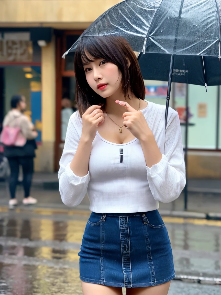 (Highest quality、超High resolution、 Tabletop, Middle-length hair with bangs, Moisturized eyes down to the finest detail, Textured skin, Highest quality, figure, Super detailed, In detail, High resolution, In 8K, wallpaper, Perfect dynamic composition, Beautiful attention to detail, Natural Lip, Medium chest:0.8, Cleavage, Random sexy poses, Tight knit shirt and jeans mini skirt、Rain-soaked street corner