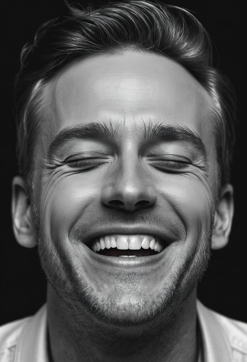 Black and white portrait of a white man smiling with his mouth closed on a dark background, hyperrealistic image