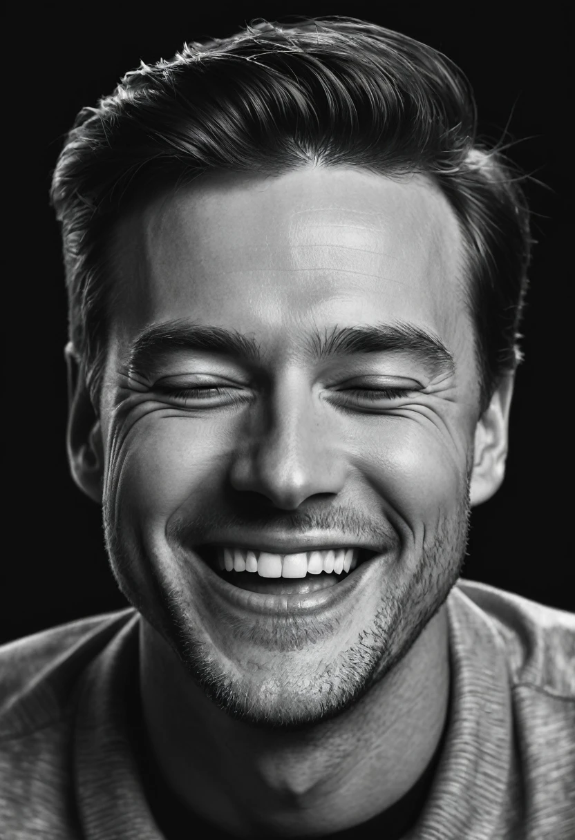Black and white portrait of a white man smiling with his mouth closed on a dark background, hyperrealistic image