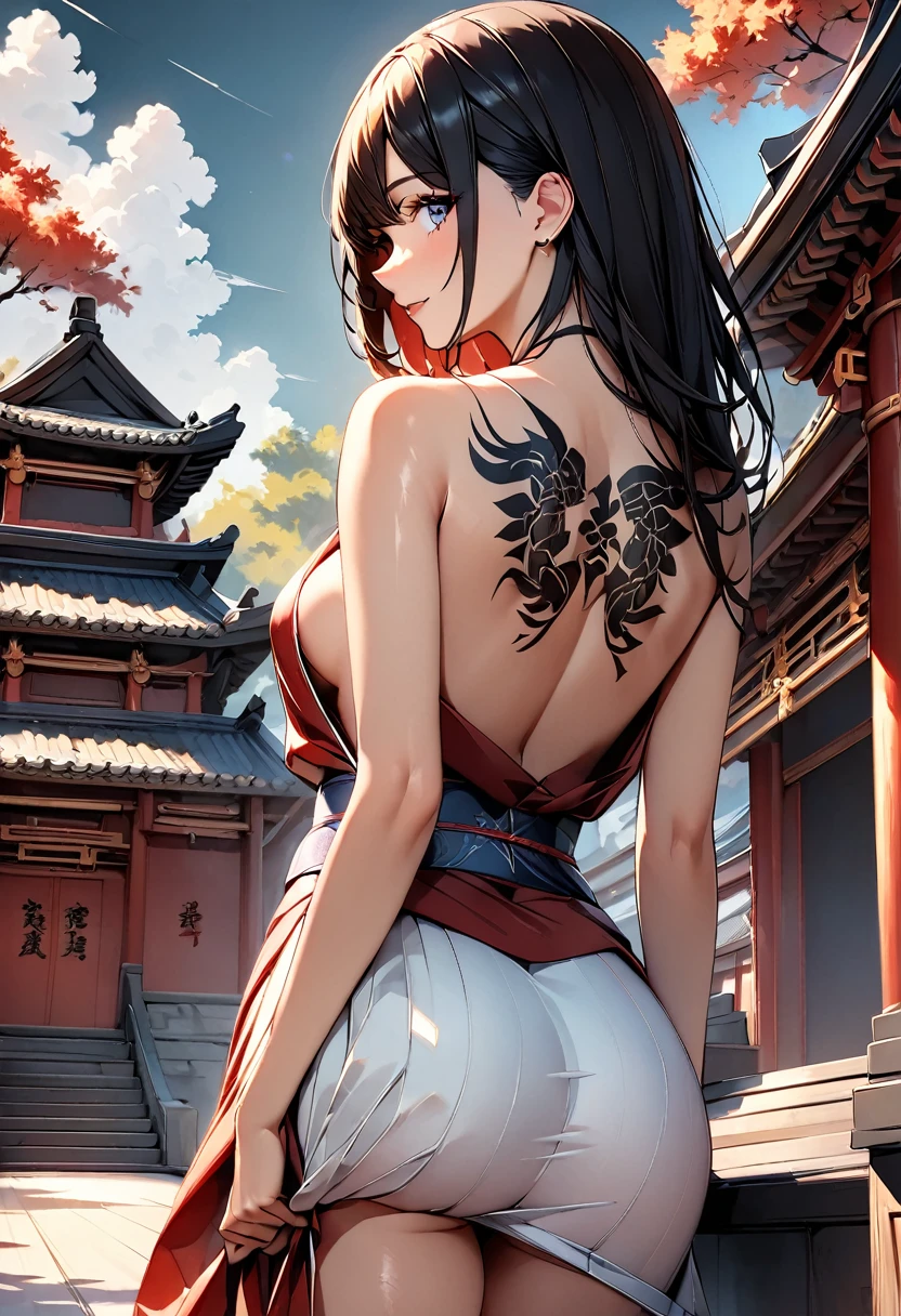 (highest quality:1.2, Very detailed, Latest, Vibrant, Ultra-high resolution, High Contrast, masterpiece:1.2, highest quality, Best aesthetics), (((1 girl))), 4k, From the back, big dragon tattoo on back, Tattoo on back,, Beautiful back, Pull up your hair, Nape, Detailed tattoo representation, Colorful tattoo dragon, Fine image, wearing kimono, The kimono is fluttering, kimono only covering legs, bare chest, bare back, Beautiful Skin, (Detailed Eye Expression:1.2), Beautiful woman looking back, Standing, Cowboy Shot, Black Hair, Long Hair, Dutch Angle, Full Body Shot. Chinese temple, simple background
