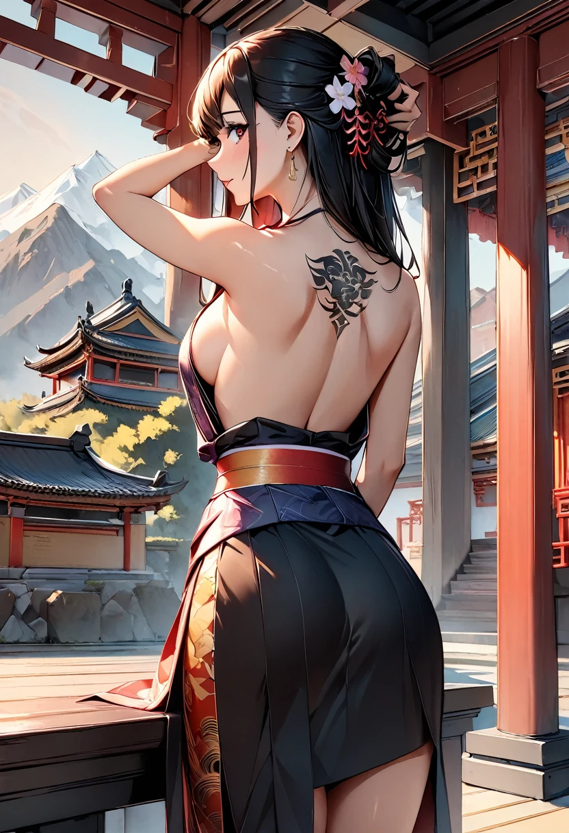 (highest quality:1.2, Very detailed, Latest, Vibrant, Ultra-high resolution, High Contrast, masterpiece:1.2, highest quality, Best aesthetics), (((1 girl))), 4k, From the back, big dragon tattoo on back, Tattoo on back,, Beautiful back, Pull up your hair, Nape, Detailed tattoo representation, Colorful tattoo dragon, Fine image, wearing kimono, The kimono is fluttering, kimono only covering legs, bare chest, bare back, Beautiful Skin, (Detailed Eye Expression:1.2), Beautiful woman looking back, Standing, Cowboy Shot, Black Hair, Long Hair, Dutch Angle, Full Body Shot. Chinese temple, simple background
