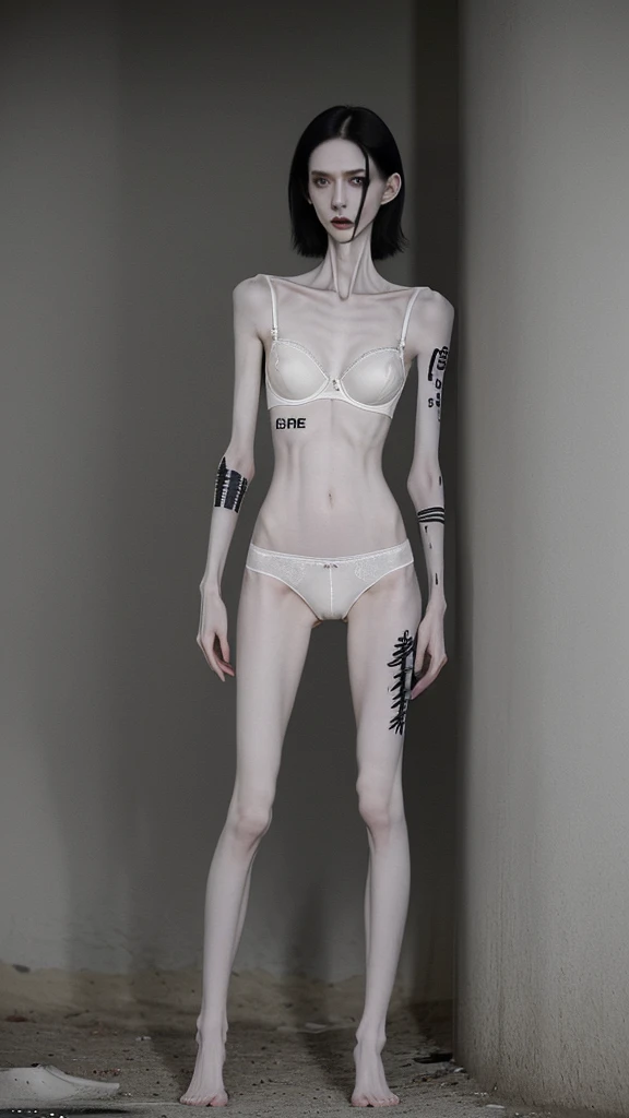 a woman, very thin body, body visible bones, very slender, pale white skin, panties, bra,tatto, full body, has a mental breakdown in an underground prison.