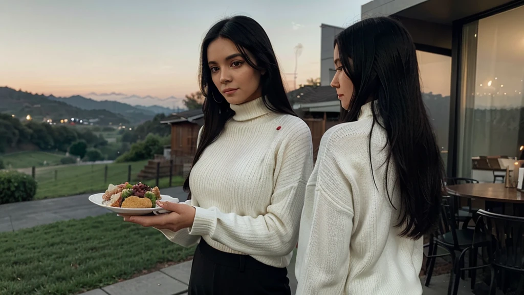 a girl(who is wearing white highneck sweater and black pant, long black hair ) is standing with a palte of food to an old women with a plate of food in both of her hand, side pose,more realistic, background green hills, evening scene