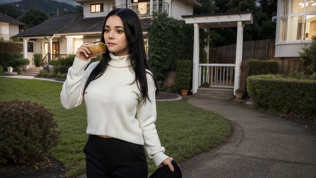 a girl(who is wearing white highneck sweater and black pant, long black hair ) is standing with a palte of food to an old women with a plate of food in both of her hand, side pose,more realistic, background green hills, evening scene