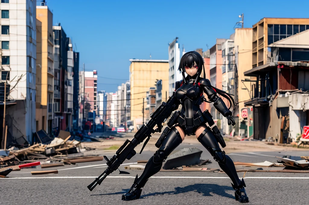 poseable articulated anime girl figure wearing a full-body heavy tactical black suit adorned with various accessories and military equipment, with red eyes and loose straight black hair. He is holding a tactical assault rifle in his hands., in a ready to attack pose. It has a destroyed city in the background.