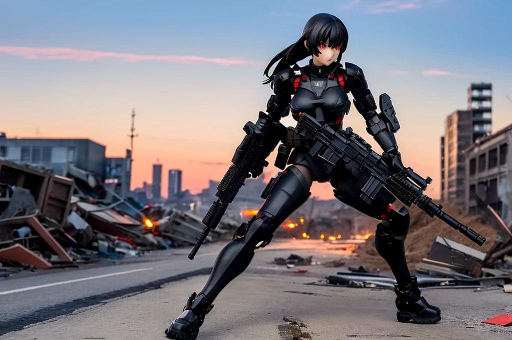 poseable articulated anime girl figure wearing a full-body heavy tactical black suit adorned with various accessories and military equipment, with red eyes and loose straight black hair. He is holding a tactical assault rifle in his hands., in a ready to attack pose. It has a destroyed city in the background.