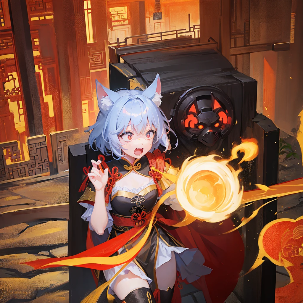 Anthropomorphic cat woman。Cat ears。Wearing ancient Chinese armor、The armor is red and black。
Holding a sword in one hand、Screaming。
The background is an ancient Chinese city wall。