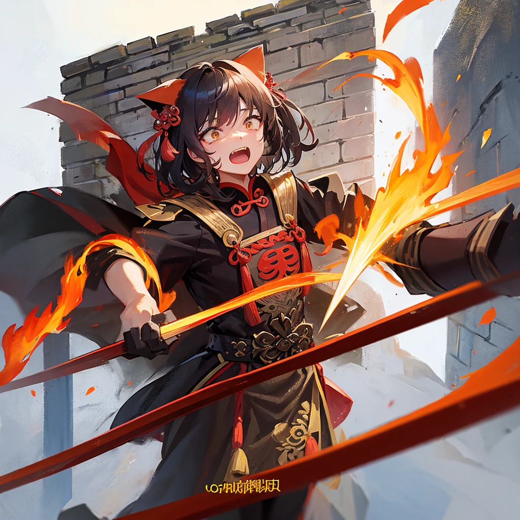Anthropomorphic cat woman。Cat ears。Wearing ancient Chinese armor、The armor is red and black。
Holding a sword in one hand、Screaming。
The background is an ancient Chinese city wall。