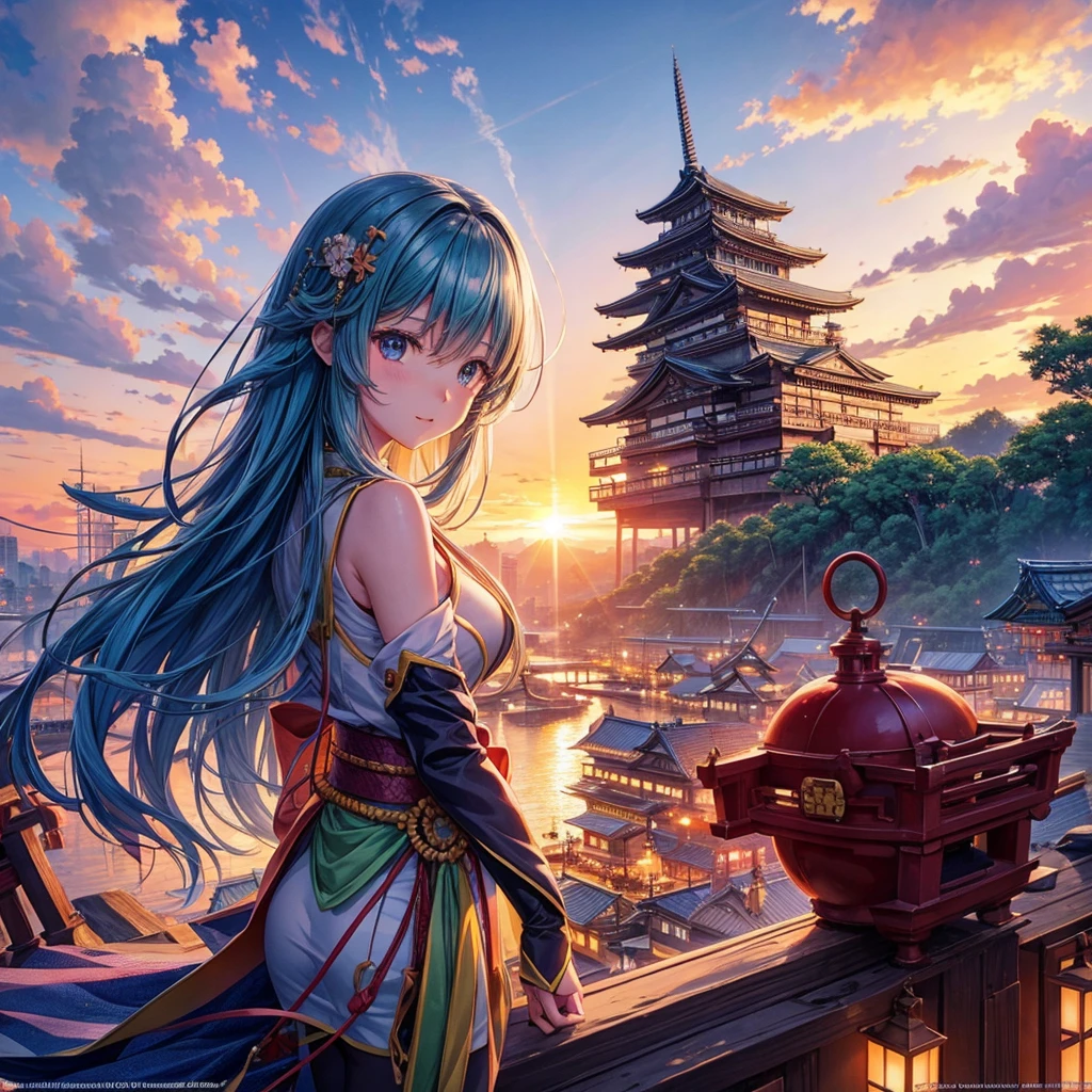 makes an image of a JAPAN ANIME type fantasy city in the middle of the sunset but that looks like a city taken from paradise itself
