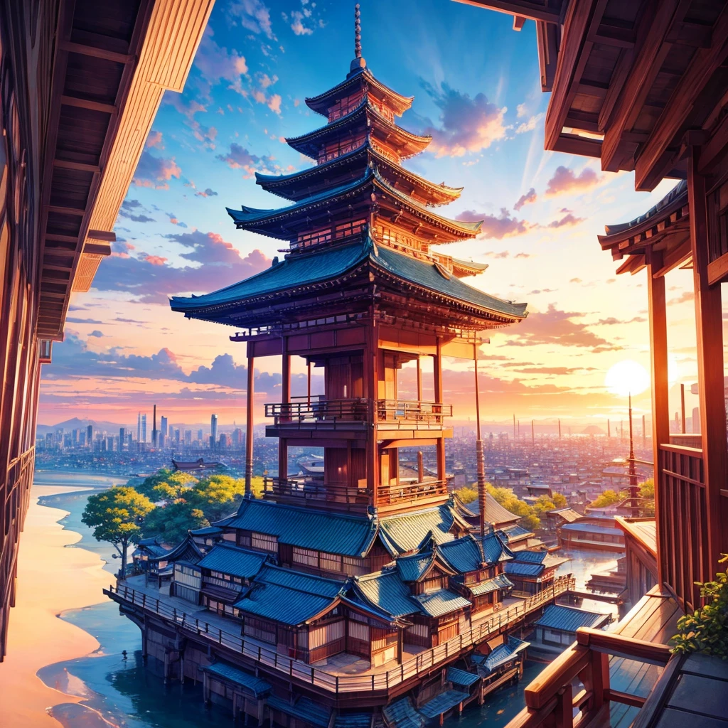 makes an image of a JAPAN ANIME type fantasy city in the middle of the sunset but that looks like a city taken from paradise itself