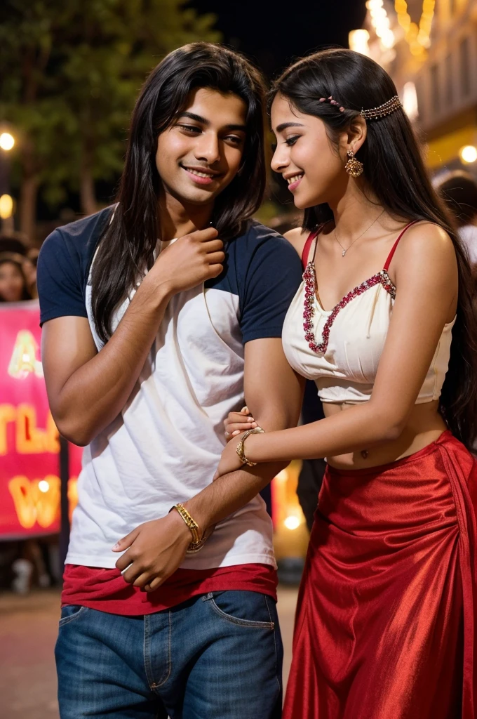Create a captivating image/poster that captures the essence of a high school love story. The scene should depict Maya and Arjun, two high school students, sharing a moment during their school's cultural fest. Maya, with her warm smile and sparkling eyes, should be in the foreground, holding Arjun's hand under the soft glow of streetlights. Arjun, with a shy but confident demeanor, should be gazing at Maya with affection. The background should feature a lively cultural fest setting with twinkling lights, colorful decorations, and an applauding audience. The image should evoke feelings of young love, warmth, and the bittersweet challenges they face, with an overlay of text that reads, "A Love to Remember."