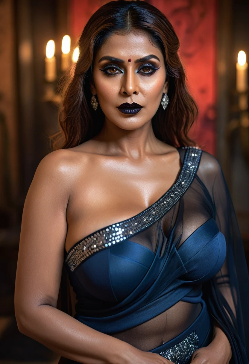 Looks like Nayanthara, milf, cougar lady witch, horny Gothic milf,  50 years old gorgeous mature lady, pervert demoness, demoness of lust, curvy, black lips, horny face, extremely gorgeous, thick figure, heavy physique, voluptuous, curvy, sexy figure, Fashionable portrait of androgynous alien looking witch wearing veil, glowing eyes, futuristic design, minimal details, givenchy, photoreal, 200mm, hd, f/ 2.0, highly detailed, surreal, sexy beautiful evil woman, sexy bold sequin Saree with strapless Bra, chudail, Pishachini, horror genre, blood-thirsty enchantress, powerful female spirit, eerie, drop dead, in the style of red and blue, (intricate details, hyperdetailed:1.15) (skin texture:1.2), dark Moody tone, cinematic lighting, haunted place in background, 