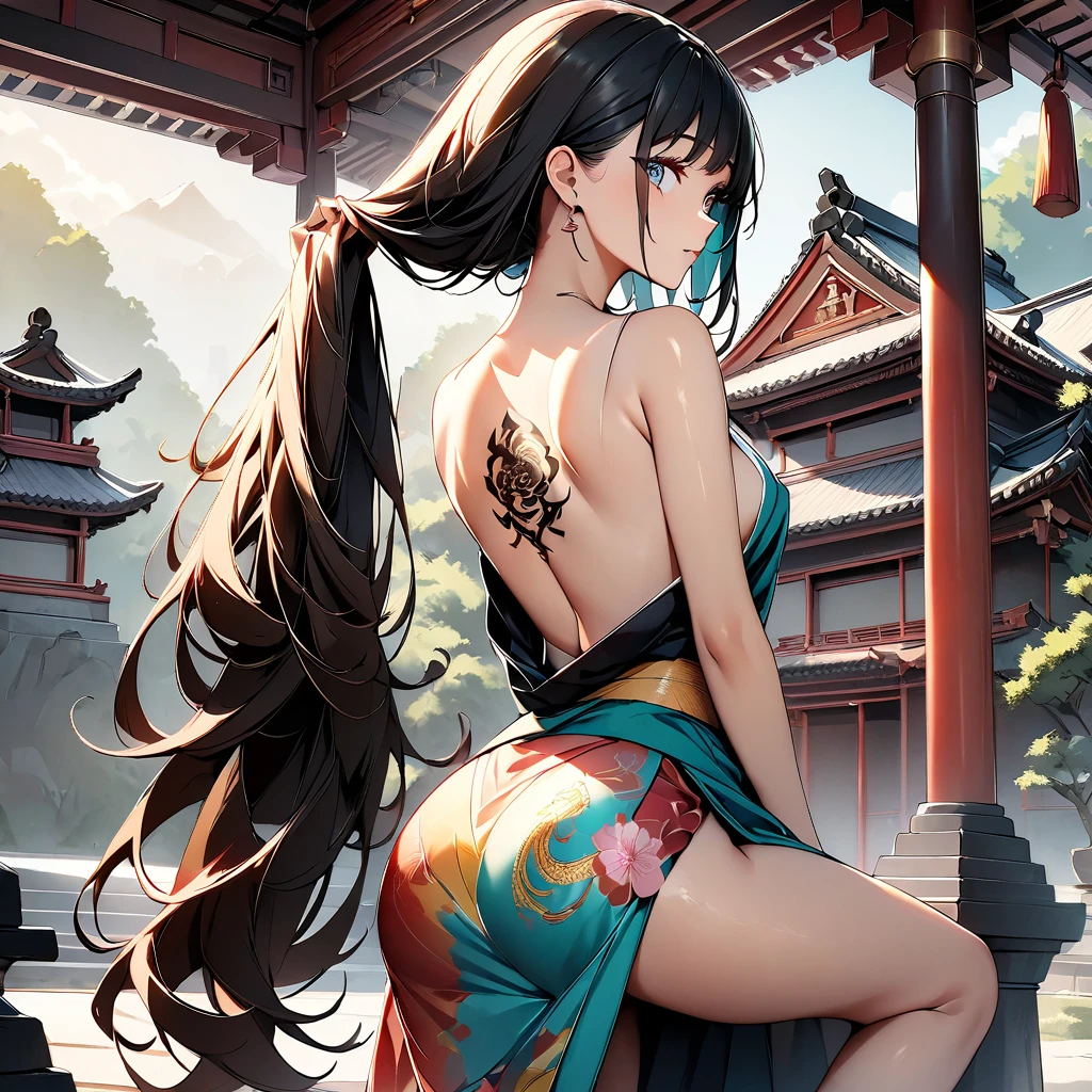 (highest quality:1.2, Very detailed, Latest, Vibrant, Ultra-high resolution, High Contrast, masterpiece:1.2, highest quality, Best aesthetics), (((1 girl))), 4k, From the back, big dragon tattoo on back, Tattoo on back,, Beautiful back, Pull up your hair, Nape, Detailed tattoo representation, Colorful tattoo dragon, Fine image, wearing kimono, The kimono is fluttering, kimono only covering legs, bare chest, bare back, Beautiful Skin, (Detailed Eye Expression:1.2), Beautiful woman looking back, Standing, Cowboy Shot, Black Hair, Long Hair, Dutch Angle, Full Body Shot. Chinese temple, simple background
