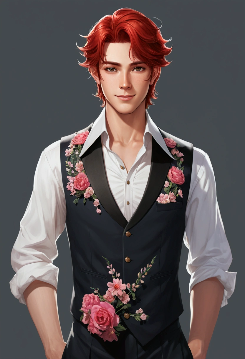 1 boy, solo, Manhwa style, Guviz-style artwork, made with anime painter studio, Anime Realism Style, Realistic anime art style, painted in anime painter studio, Inspired by Pavel from Problematic prince, In an anime style, anime handsome guy, red hair, handsome, artist, tall, kind, anime realism、A smile, white plain shirt, vest, vest with flowers, looking at viewer, fantasy art, beautiful painting, guwaika style, epic exquisite character art, stunning characters, (reference sheet:1.5),