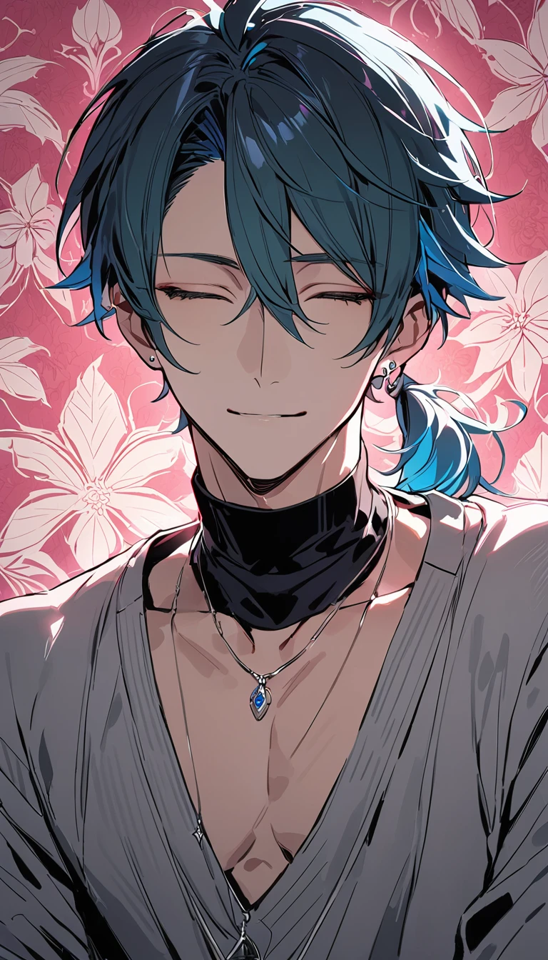 ((((best masterpiece, best quality, wallpaper,)))) solo, guy, male body, small muscles, flat chest, 1male, 30 years old, handsome man, upper body, looking at viewers, beautiful detailed, seductive smile, mediumturquoise hair, ((((Lower short ponytail)))), asymmetrical bangs, ((short hair,)) (((light smile, closed eyes, tareme, droopy eyes,))) (((perfect face,))) perfect hands, sharp nose, clear face, black turtleneck, grey cardigan, ((silver piercing, pendant,)) leggings, pink background color ultrasharp, 8K, masterpiece,
