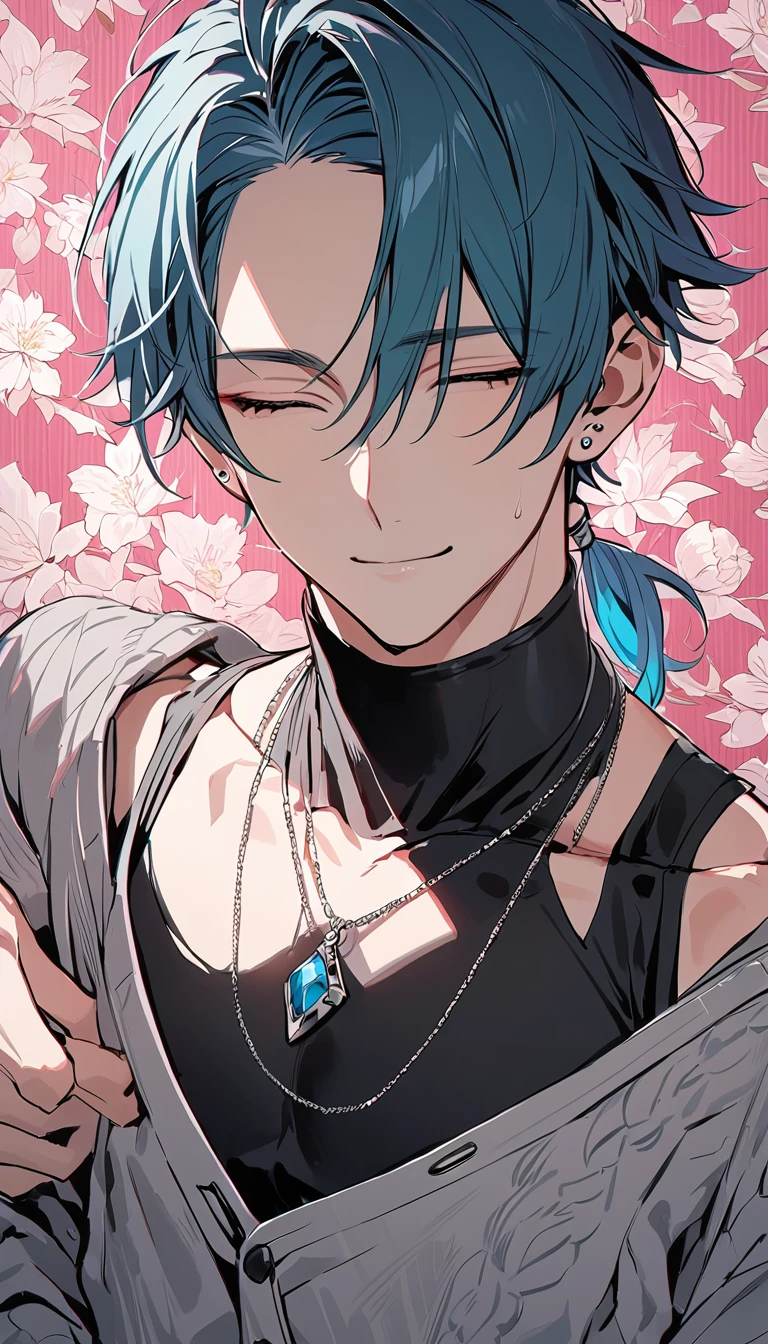((((best masterpiece, best quality, wallpaper,)))) solo, guy, male body, small muscles, flat chest, 1male, 30 years old, handsome man, upper body, looking at viewers, beautiful detailed, seductive smile, mediumturquoise hair, ((((Lower short ponytail)))), asymmetrical bangs, ((short hair,)) (((light smile, closed eyes, tareme, droopy eyes,))) (((perfect face,))) perfect hands, sharp nose, clear face, black turtleneck, grey cardigan, ((silver piercing, pendant,)) leggings, pink background color ultrasharp, 8K, masterpiece,