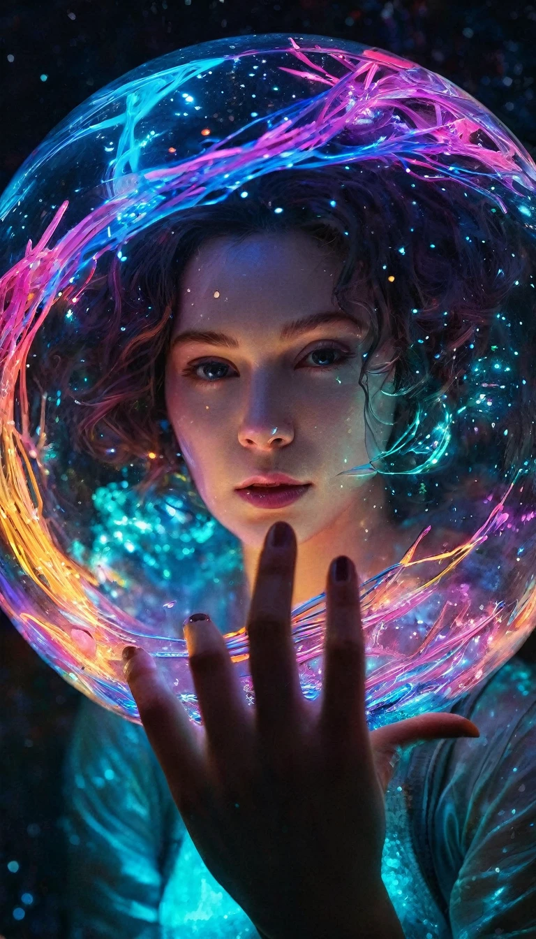 galaxy star nebula inside glass a ball in hand of female alien Alyssa Monks, Beautiful, Glowing Neon, Colorful, Bioluminescent, Hyperdetailed, Detailed, Entangled, Entangled, Whimsical, Fantasy Art, Colorful, Complex, Behance Hd artstation, sharp focus, studio photo, intricate details, highly detailed, by greg rutkowski, outer space, vanishing point, super highway, high speed, digital render, digital painting, beeple, noah bradley, cyril roland, ross tran, trending on artstation