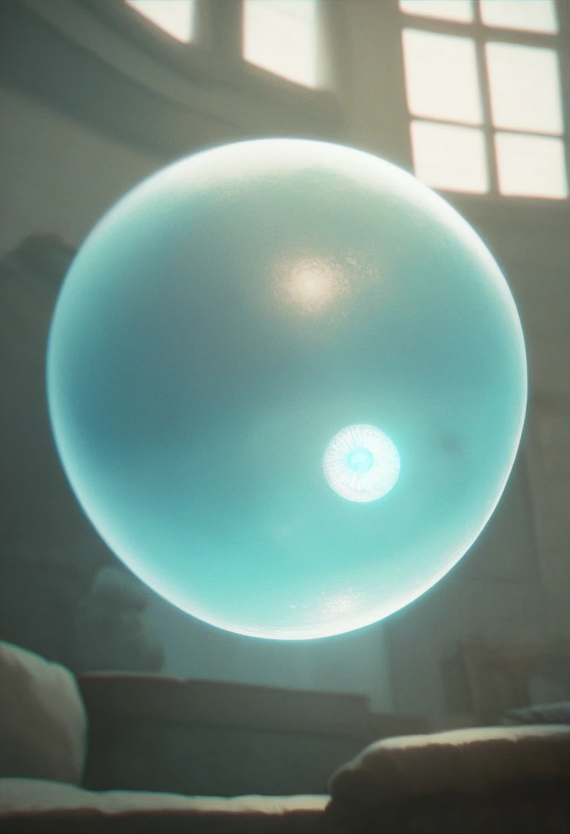 bubble, solo, indoors, black eyes, no humans, sharp teeth, orb creature, eyes, living object