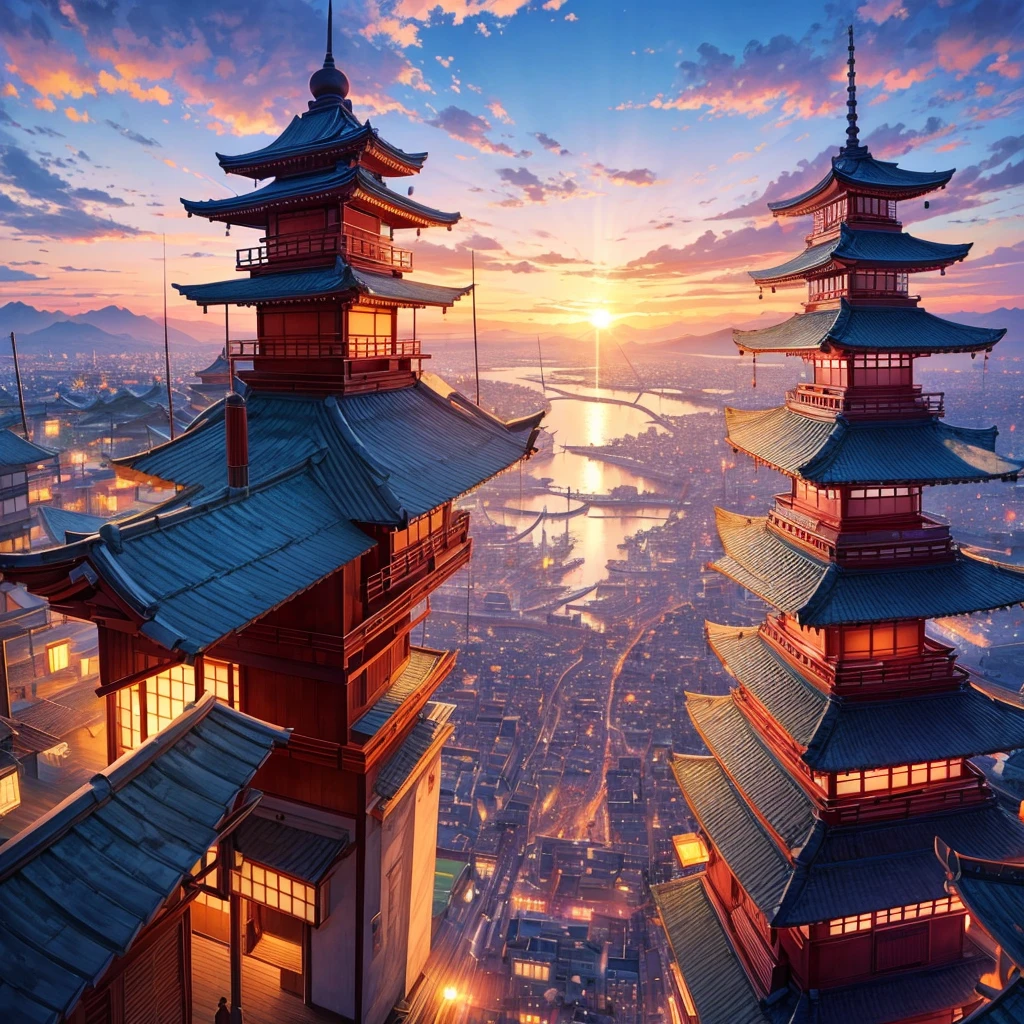 makes an image of a JAPAN ANIME type fantasy city in the middle of the sunset but that looks like a city taken from paradise itself