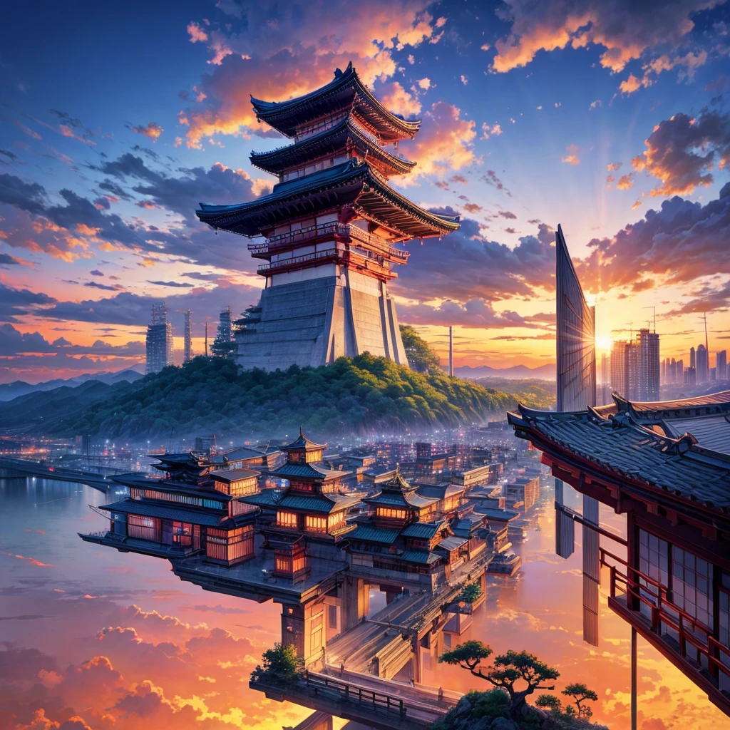 makes an image of a JAPAN ANIME type fantasy city in the middle of the sunset but that looks like a city taken from paradise itself