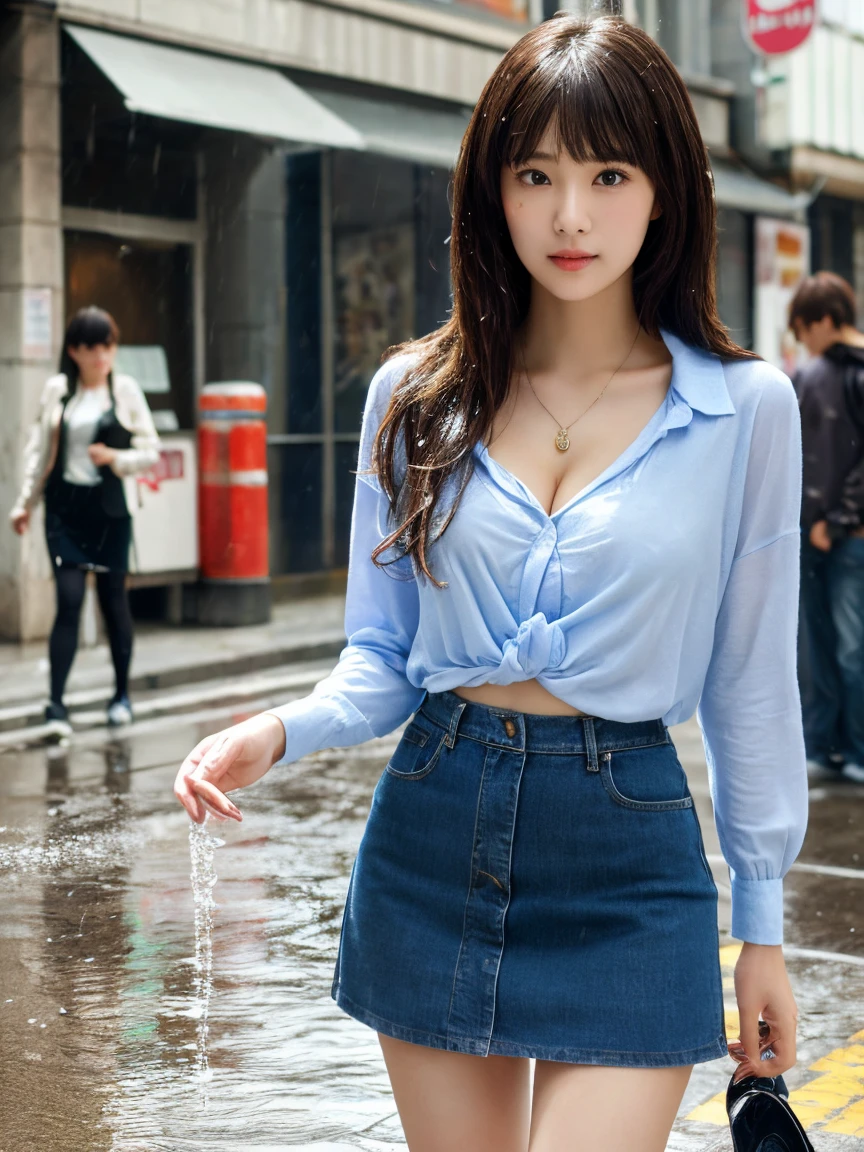 (Highest quality、超High resolution、 Tabletop, Middle-length hair with bangs, Moisturized eyes down to the finest detail, Textured skin, Highest quality, figure, Super detailed, In detail, High resolution, In 8K, wallpaper, Perfect dynamic composition, Beautiful attention to detail, Natural Lip, Medium chest:0.8, Cleavage, Random sexy poses, Tight knit shirt and jeans mini skirt、Rain-soaked street corner