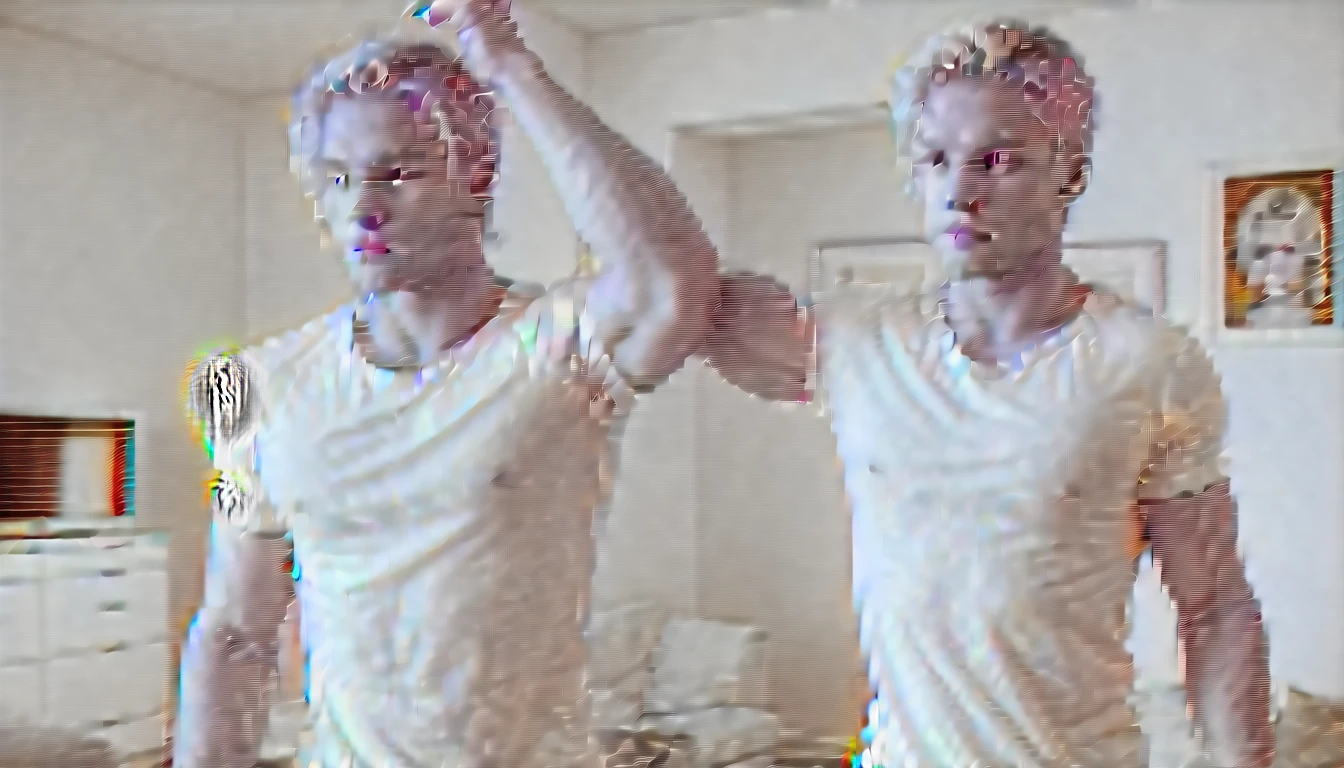 muscular, beautiful blond man, 25 years old, dressing white t-shirt , entering the living room, body front, blood stains on white t-shirt