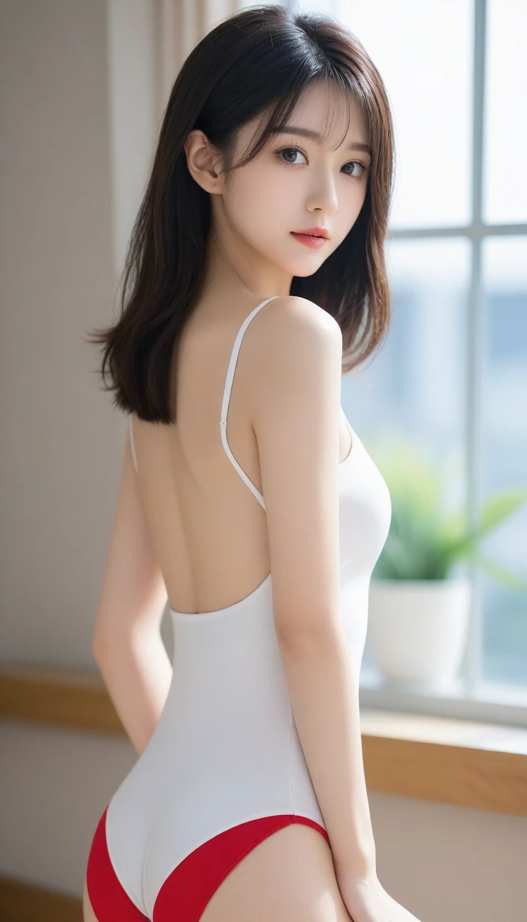 8K, Ultra-high resolution, Highest quality, masterpiece, 三分割法によるphotograph,Surreal, photograph, 1 Girl, (:1.3), pretty girl, Cute face, Beautiful eyes in every detail, 細かくdetailedに,masterpiece,One Girl:1.2, Japan Female Announcer, whole body,blank expression,Black Hair,Bob with bangs,Rhythmic Gymnastics,leotard,(High leg cut), gym,from behind,Captivating ass,Delicate and smooth skin, Realistic Skin, Perfect and beautiful face ,完璧でCute face, Skin with attention to detail, Perfect limbs、Narrow waist、Thin legs)、Browsing Caution,Beautiful leg line beauty,Looking at the audience、beauty,Long neck、(((Ideal body type))),A cup small breasts :2,、Portraiture:2、Perfect Anatomy、鮮明なdetailed、detailed、Surreal、Light and shadow,Strong light