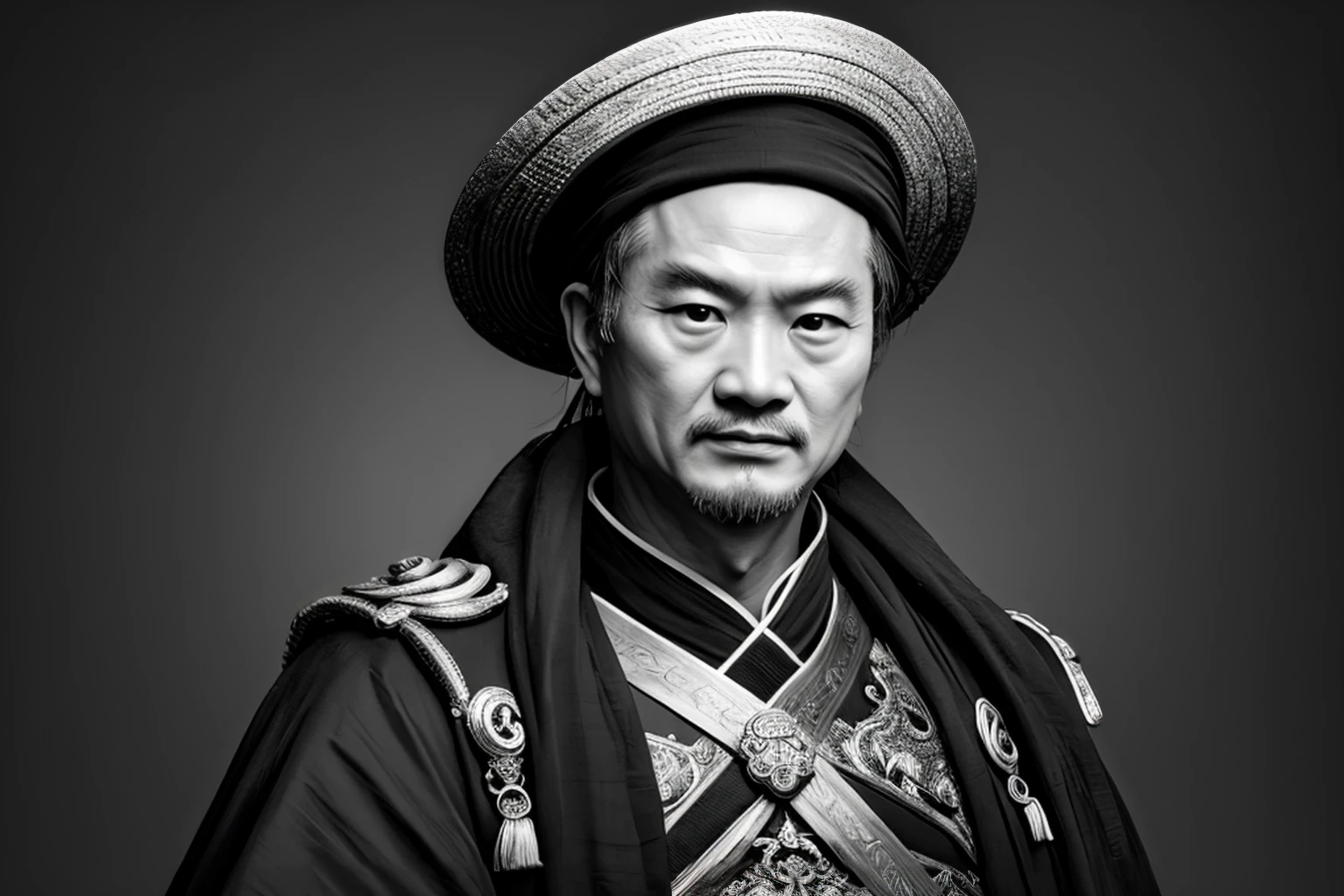 ((masterpiece)),((highest quality)),((high detail)), Zhuge Liang Kong Ming,black and white portrait,The background is dark gray