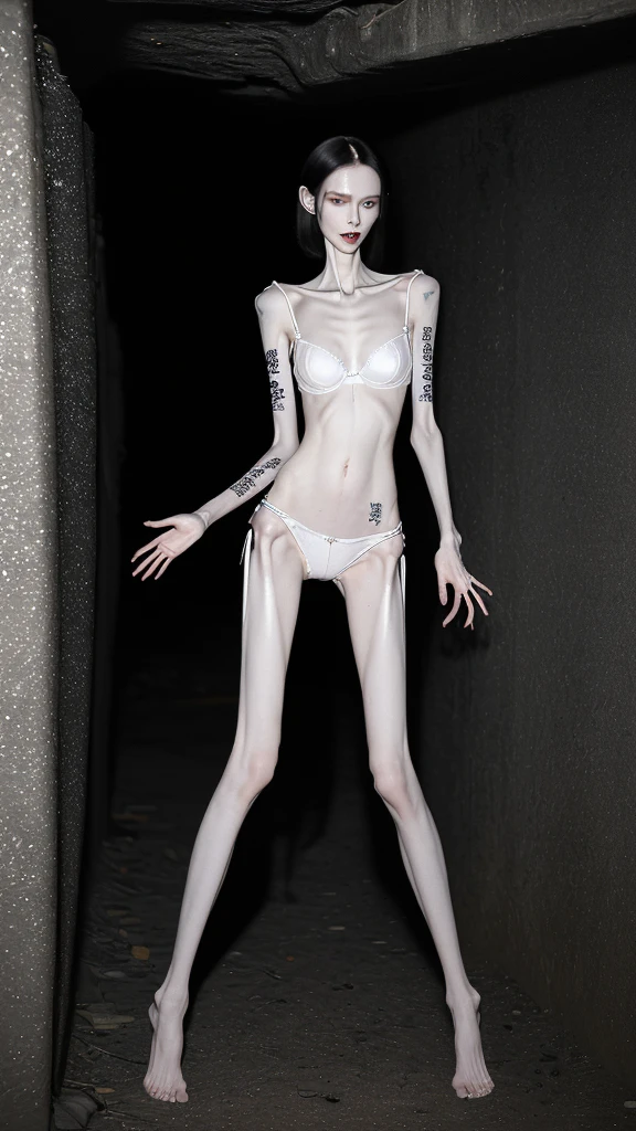 a woman, very thin body, body visible bones, very slender, pale white skin, panties, bra,tatto, full body, has a mental breakdown in an underground prison.