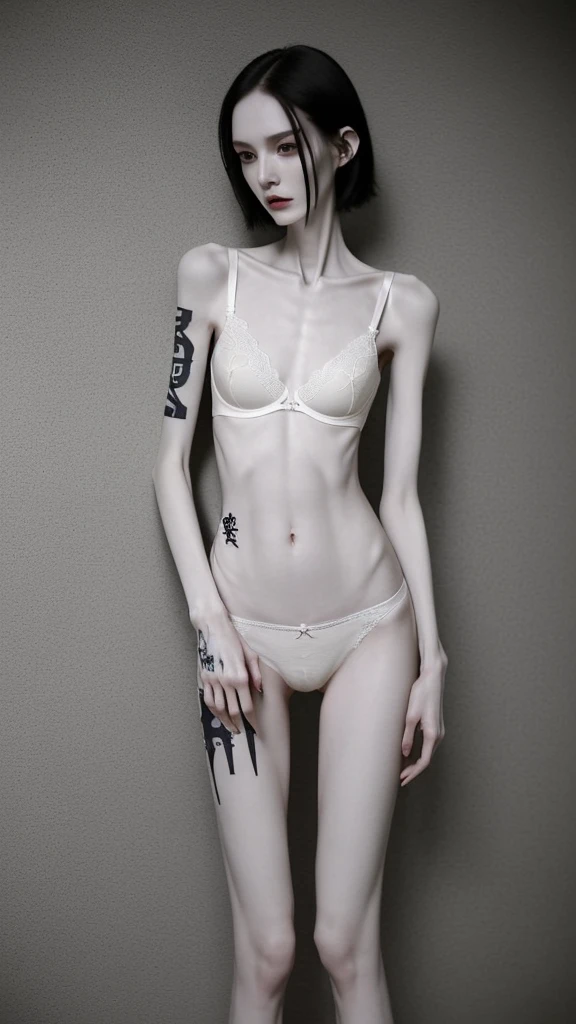 a woman, very thin body, body visible bones, very slender, pale white skin, panties, bra,tatto, full body, has a mental breakdown in an underground prison.