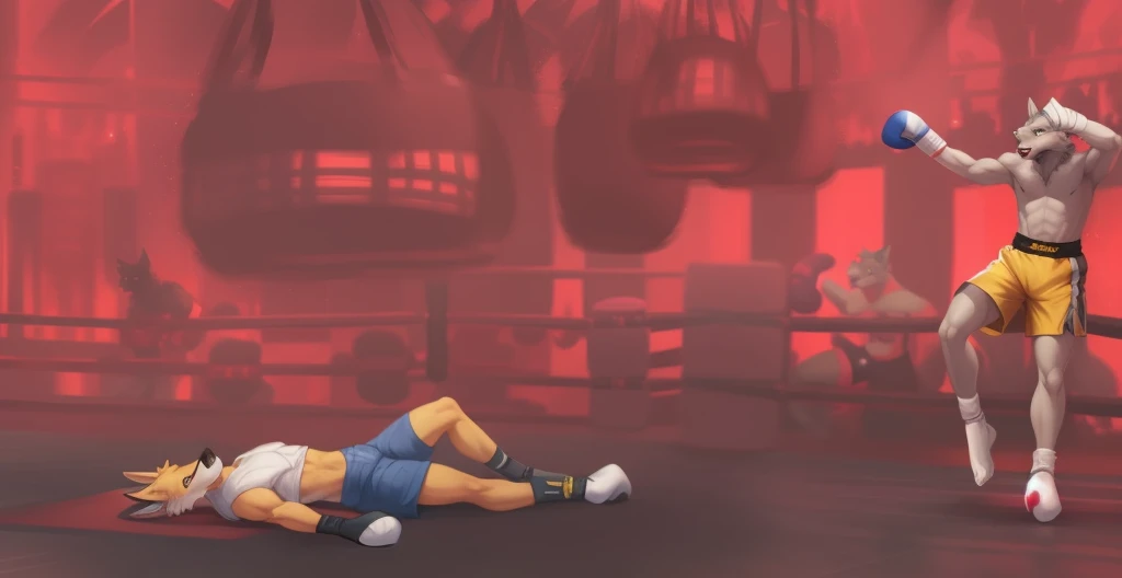 a detailed picture of a boxing match (male anthros, two boy), slim body, slim features, in a boxing ring, Ross Tran, ruan jia, trending on artstation, foxovh,User Interface of Fighting game, Crisis, assorted poses, assorted expression, full body, sound effects, motion blur, from side, ((yellow wolf, blue shorts, knocked out on the floor)), (((gray wolf, white shorts, boxing pose))) “VS”