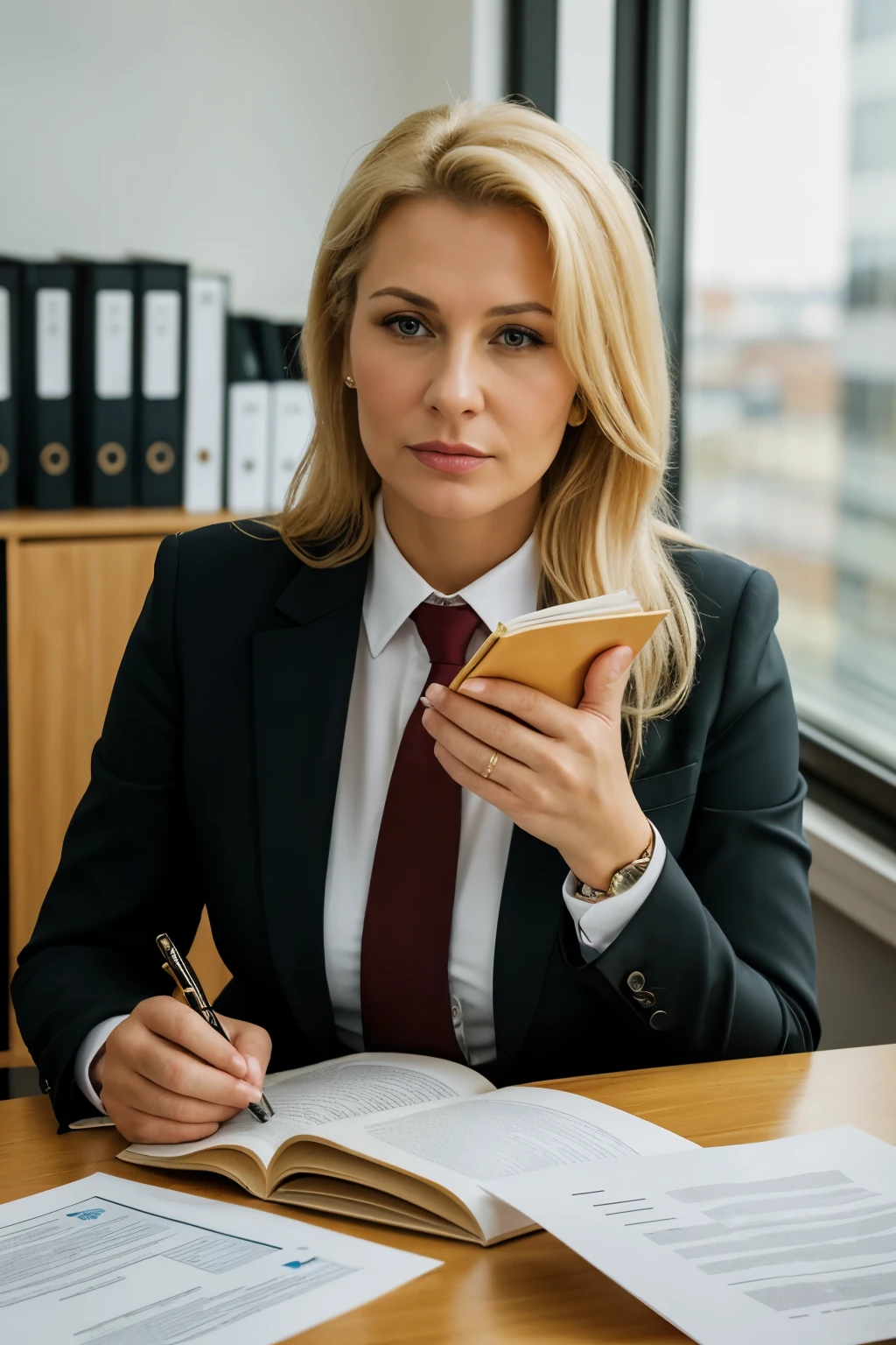 documentary photography photo of a bautiful russian women, age 45 with  blond hair, wearing a suit in the office, reading a report, business