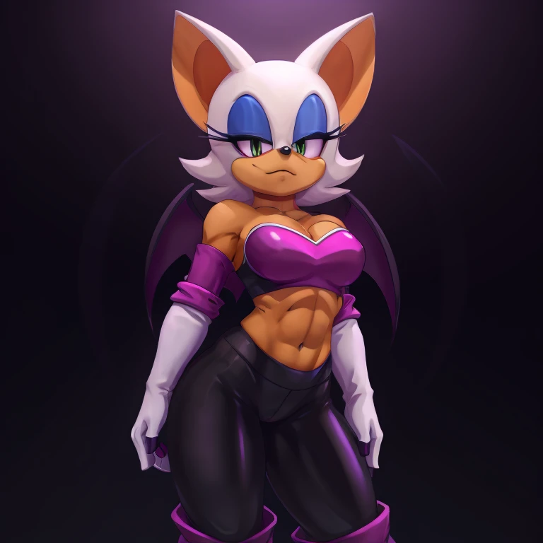 a digital artwork of Rouge the bat with abs wearing a crop top of her original outfit, black pants, boots and gloves, with a bare midriff and a bare navel , digital art, ((perfect face)), ((best quality)), ((masterpiece)), she has a tan midriff