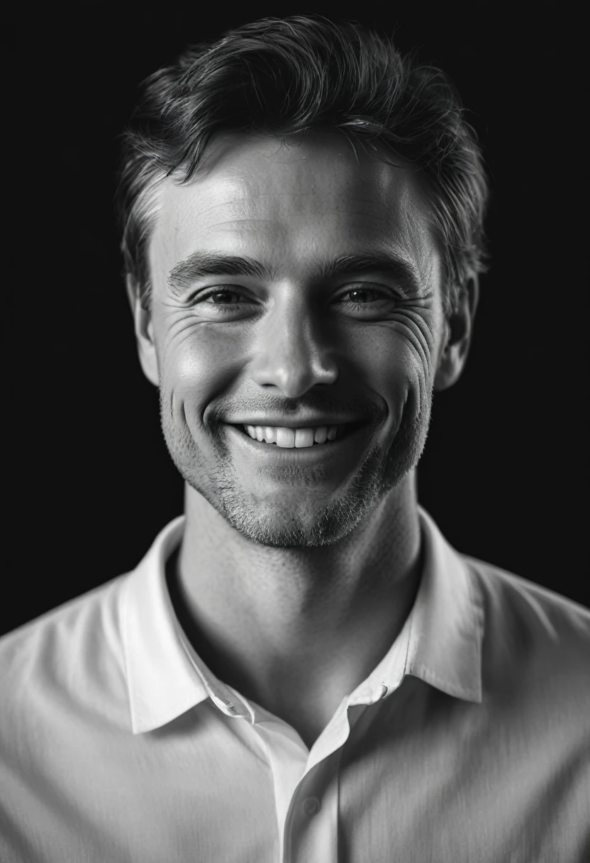 Black and white portrait of a white man with a small smile on a dark background, hyperrealistic image