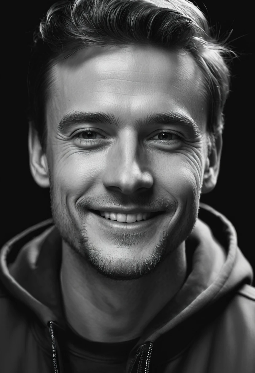 Black and white portrait of a white man with a small smile on a dark background, hyperrealistic image