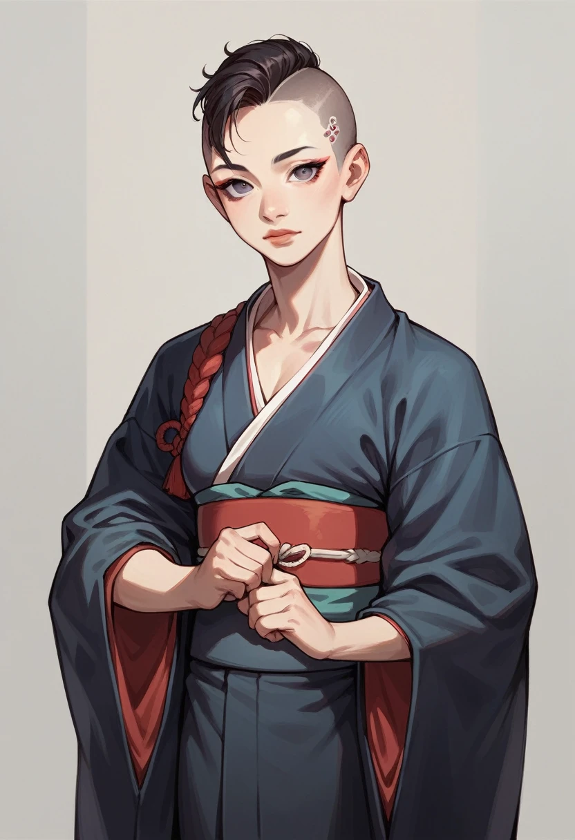 Asian woman, kimono with neckline, side shaved hair  , gray eyes, pretty 