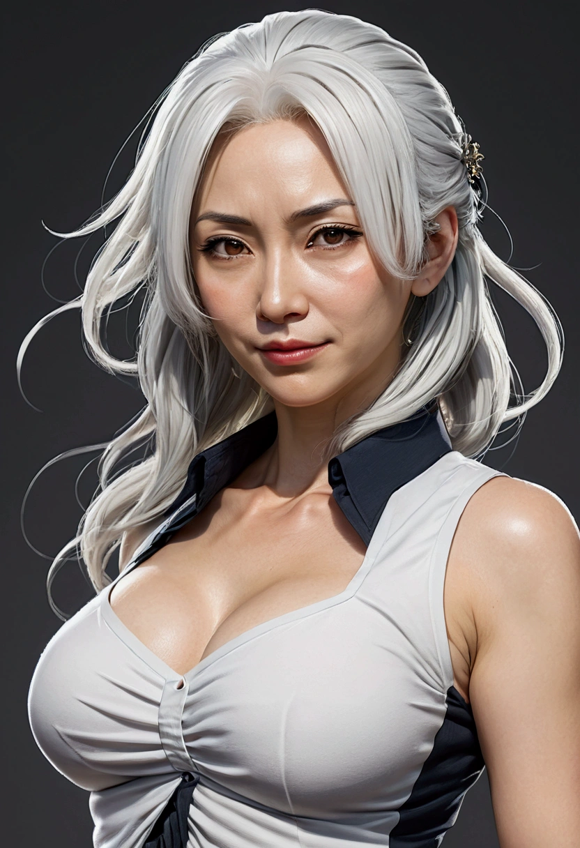 A 40 year old woman, an older body with medium breasts and wide hips, a few strands of white hair, some wrinkles on the face, wearing tight clothing. anime drawing.