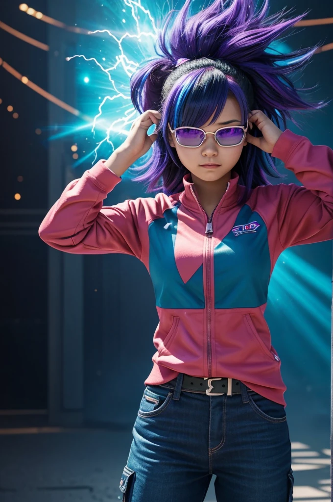 In the style of My hero academia : A teenage girl from My Hero Academia stands confidently. She has blue skin and unique, multicolored hair that resembles a purple galaxy with various hues. She is wearing the U.A.  and dark, specular sunglasses that hide her eyes, making them invisible. Beside her stands Shota Aizawa, who has his hand placed gently on her head, displaying a protective gesture. The background reflects the ambiance of a My Hero Academia scene.