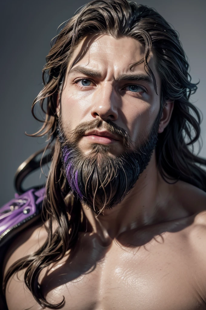 a close-up of a colorful statue of a man with a beard, purple themed, realistic 8k bernini sculpture, cinematic bust portrait, portrait zeus, greek god, cinematic bust shot, extremely detailed man, highly detailed sculpture, @ ZBrush, portrait of rugged zeus, hyperdetailed fantasy character, detailed digital 3d art, zbrush art, cgi clay sculpture, resin statue