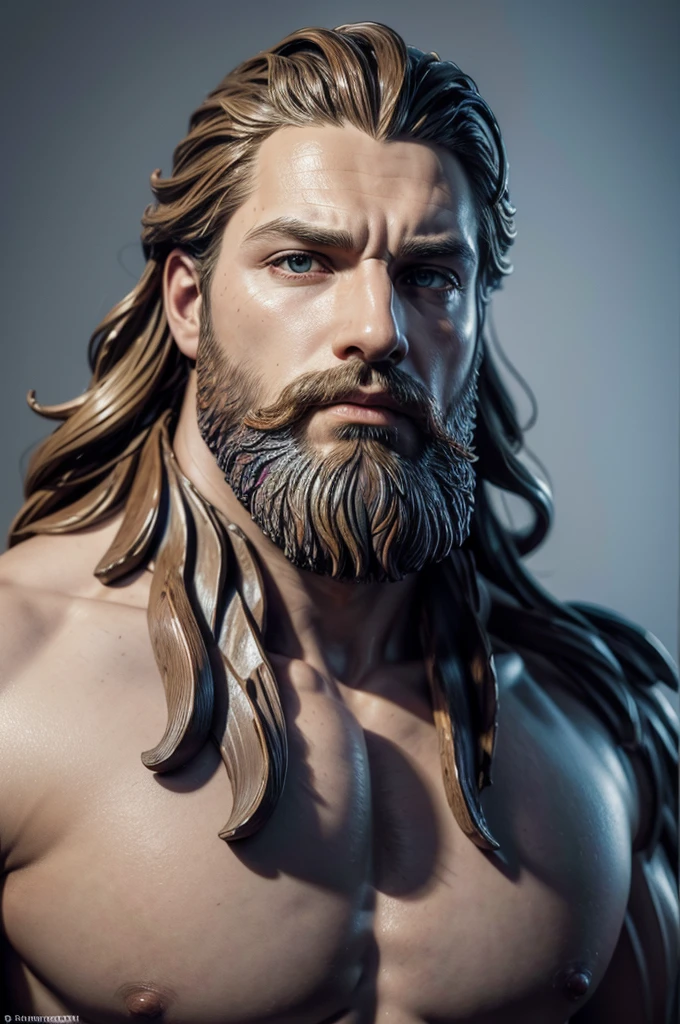 a close-up of a colorful statue of a man with a beard, purple themed, realistic 8k bernini sculpture, cinematic bust portrait, portrait zeus, greek god, cinematic bust shot, extremely detailed man, highly detailed sculpture, @ ZBrush, portrait of rugged zeus, hyperdetailed fantasy character, detailed digital 3d art, zbrush art, cgi clay sculpture, resin statue