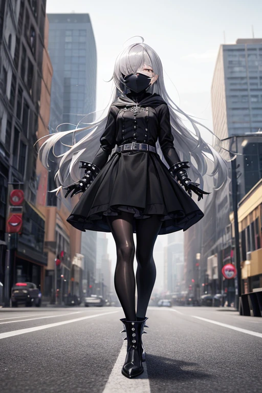 ((best quality)), ((masterpiece)), (detailed), 1 girl, Full body, 18 years old, Depressed face, Silver eyes, Arms outstretched, Arms behind waist, Metal mask covering her eyes, Eyes covered, Silver hair, Long hair, Spiky hair, Bangs, Strand of hair covering her eye, Full body, Tall, Small breasts, Slim body, Grey hood, Metal spikes, Grey wristbands, Long black gloves with spikes, Grey goth outfit, Gothic lolita, Grey dress with metal spikes, Metal emblem, Tight fitting, Black belt, Black pantyhose, Black boots, Walking through the city, Metal spikes coming out of the highway, City background, Anime