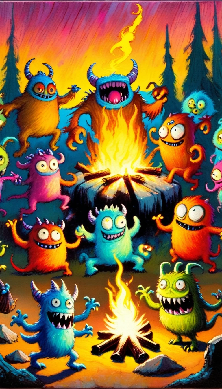 several funny monsters dance around a bonfire,(art inspired in Skottie Young and Bill Sienkiewicz). oil painting)