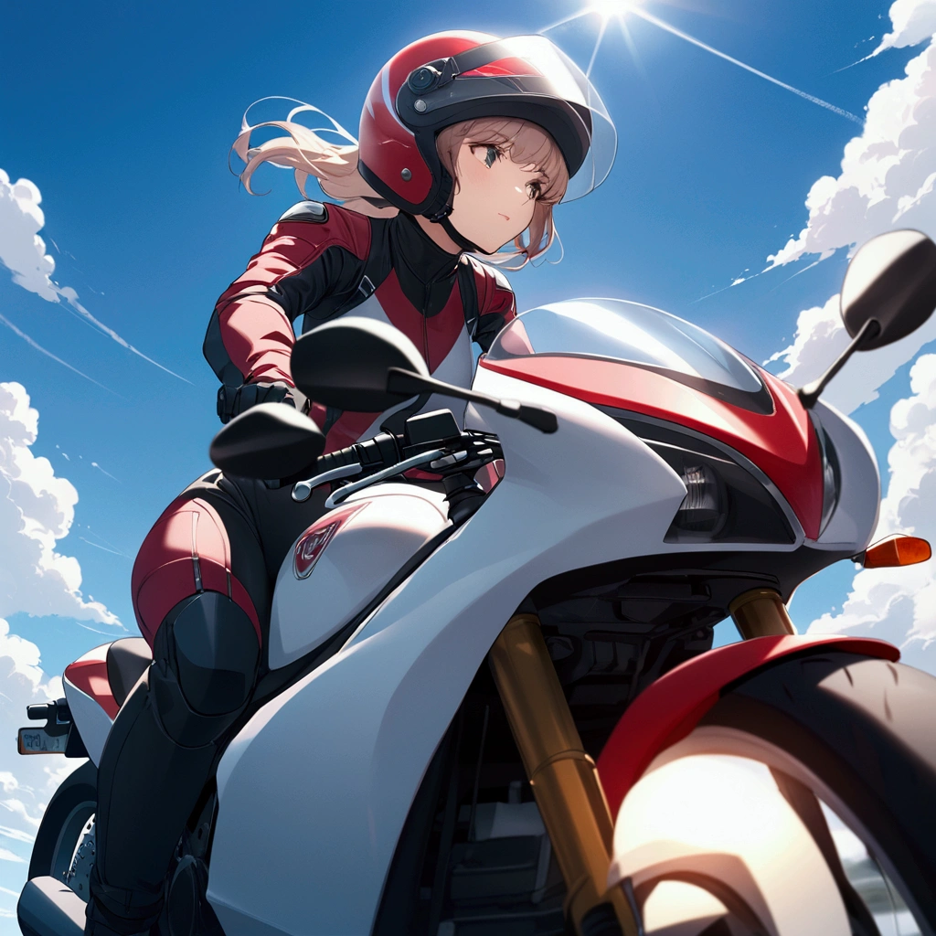 Woman riding a motorcycle、Full Face Helmets、Rider Suit、low-angle、blue sky