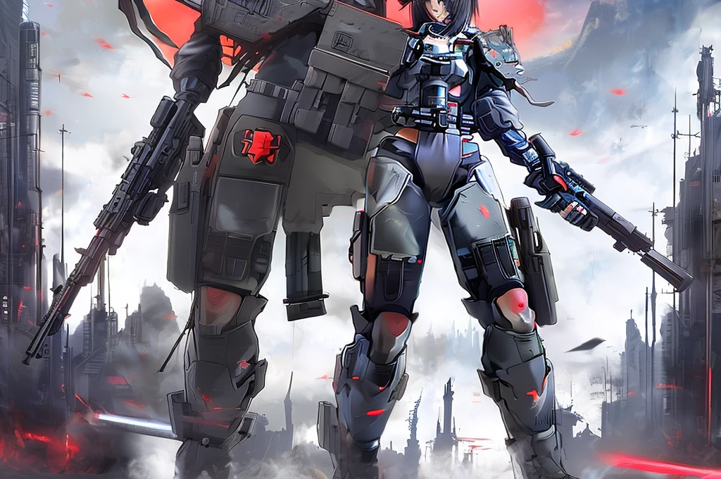 poseable articulated anime girl figure wearing a full-body heavy tactical black suit adorned with various accessories and military equipment, with red eyes and loose straight black hair. He is holding a tactical assault rifle in his hands., in a ready to attack pose. It has a destroyed city in the background.