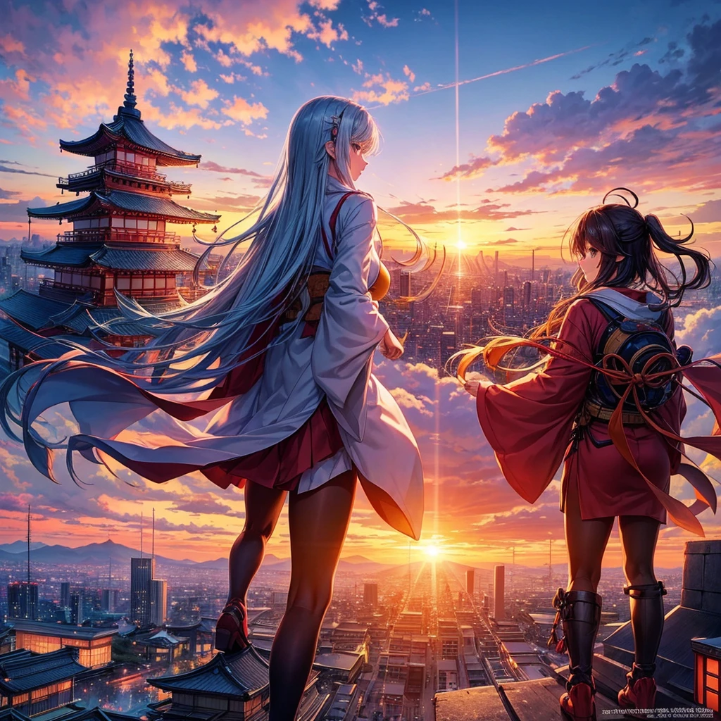 makes an image of a JAPAN ANIME type fantasy city in the middle of the sunset but that looks like a city taken from paradise itself